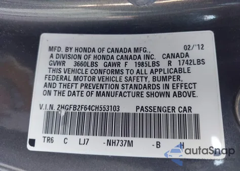 2012 Honda Civic Hf from USA, damaged, VIN 2HGFB2F64CH553103